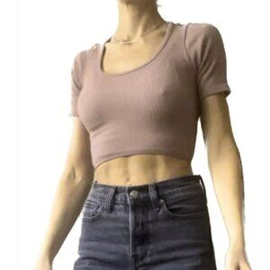 Dusty Rose Ribbed Cropped Short Sleeve Shirt | S